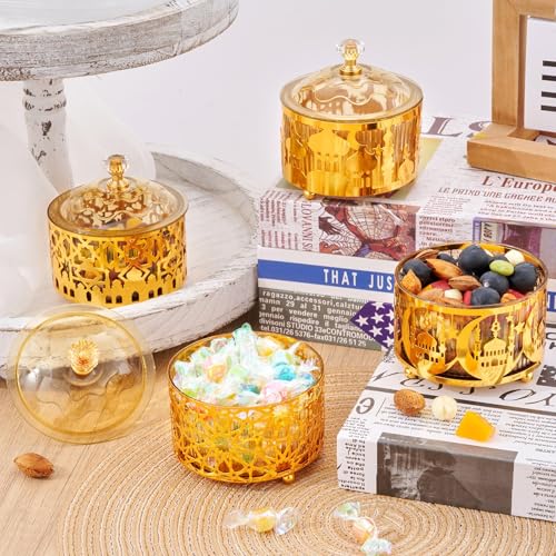 4 Pcs Eid Mubarak Plates with Lids Metal Gold Moon Castle Star Arabesque Ramadan Serving Tray, Food Container for Cookie Candy Pastry Dessert, Ramadan Decorations Table Display Set