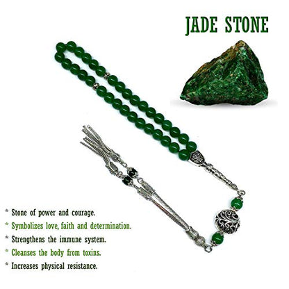 Design - Long & Stylist Tassels Worry Beads - Prayer Beads (8 mm-33 Beads) Tesbih-Tasbih-Tasbeeh-Misbaha-Subha-Sebha-Sibha-Rosary (Green Jade Natural Stone) - color: Green Jade Natural Stone