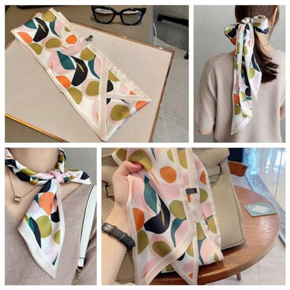 Silk Feeling Head Scarf Fashion Satin Hair Scarf Square Long Scarves for Women Gifts - color: 02 Leaves Pink 5.12 X 59 Inch