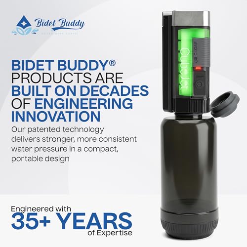 BIDET BUDDY® CubeJet 여행용 휴대용 비데 - 380ml 병, 1100mAh 충전식 배터리, IPX6 방수 지팡이 스타일 노즐, 캠핑 및 가정용 USB-C 고압 위생 장치