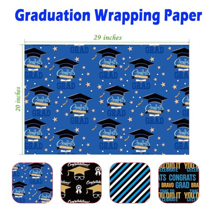 Cuitpan Graduation Wrapping Paper - Gift Wrap for High School & College Graduation 2025,Black Caps,Blue Stripes,Laurel Wreath,Medals Designs,Perfect for Parties Gifts - 8 Sheets, 20 x 29 Inches - color: Blue-Graduation