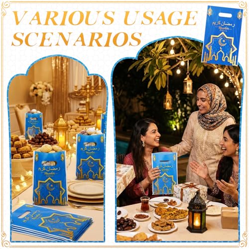 Supervitae 100 Pieces Ramadan Kareem Plastic Gift Bags Bulk Eid Mubarak Treat Candy Goodie Bags with Churches Star and Moon for Muslim Eid Party Favors Supplies - color: Blue Gold, style: Ramadan