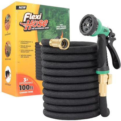 Flexi Hose with 8 Function Nozzle, 100FT - Lightweight Expandable Garden Hose, No-Kink Flexibility, 3/4 Inch Solid Brass Fittings and Double Latex Core - size: 100ft