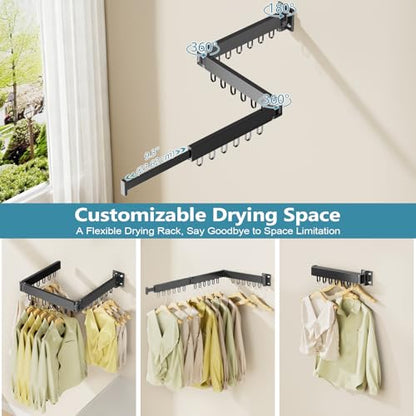 JAUREE Clothes Drying Rack Wall Mounted, Space-Saving Drying Rack Clothing, Collapsible Foldable Retractable Laundry Rack with 18 Hooks, Indoor/Outdoor, Black - color: Black