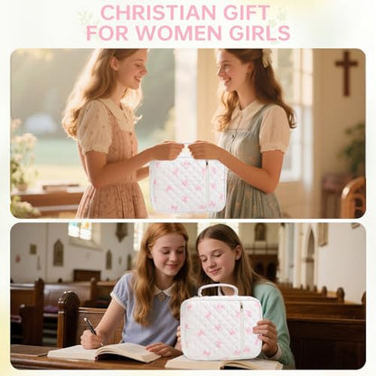 Bible Cover Case for Women Large Bible Cover with Durable Handle Quilted Bible Carrying Case for Girls Bible Study Supplies Accessories (Pink Bow, Pink Bow) - color: Pink Bow