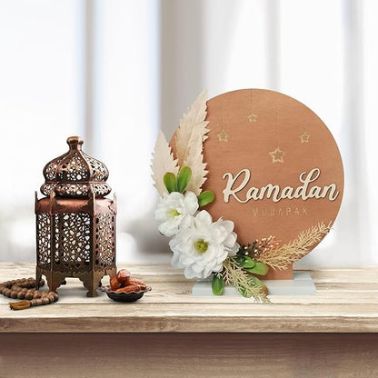 Ramadan Mubarak Artificial Flower Decorations, 12.2in Round Shape Wreaths Desktop Decor, Eid Al-fitr Mubarak Table Ornaments for Muslim Home Desk Fireplace Party Supplies