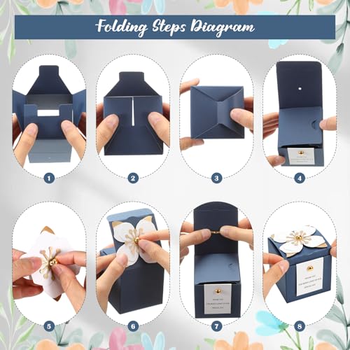 Affrolling 50 Pcs Wedding Favor Boxes with Thanks Card Square Flower Candy Boxes Paper Bridal Gift Box for Guests Wedding Bridal Shower Birthday Party Anniversary (Blue) - color: Blue