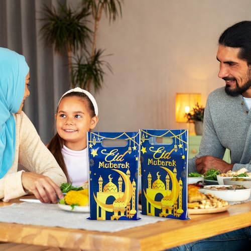 Whaline 50 Pcs Eid Mubarak Party Favor Bags Ramadan Treat Bags with Handles Blue Gold Plastic Candy Goodie Bags for Islamic Muslim Party Favors Supplies