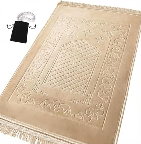 Islamika Prayer Mat Thick Islamic Muslim Rug - Padded mat Sajadah Men Women with Islam Prayer Beads for Eid Travel Ramadan, Soft and Padded (Beige) - color: Beige