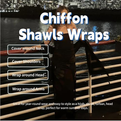 Chiffon Scarf for Women Lightweight Breathable Sunscreen Soft Solid Hijab Scarf for Daily & Muslim Wear - color: Black Chiffon Scarf