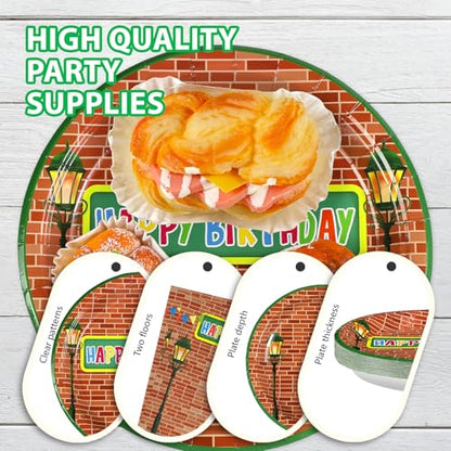 Grencian 96 Red Brick Wall Street Party Supplies Modern Cartoon Sesame Plates and Napkins Tableware Sets Sesame Birthday Disposable Plate for Kids Birthday Baby Shower Serves 24 - style: Sesame Birthday
