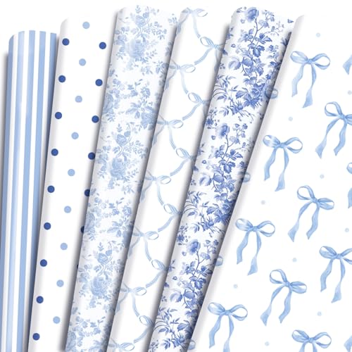 Keluna Blue Bow Gift Wrapping Paper - 12 Pcs Cute Bow Chinoiserie Art Design Gifts Wrap Paper For Valentine'S Day Boy Birthday Bachelorette Party Baby Shower Wedding Holiday - color: blue flower