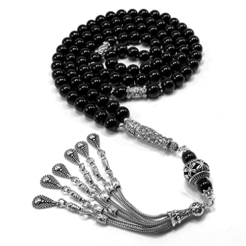 Special Prayer Beads Series -99 beads- Tesbih Tasbih Tasbeeh Misbaha Masbaha Subha Sebha Sibha (Black Glass -10 mm 99 Big Beads- & Zircon Stone Design) - color: Black Glass -10 mm 99 Big Beads- & Zircon Stone Design