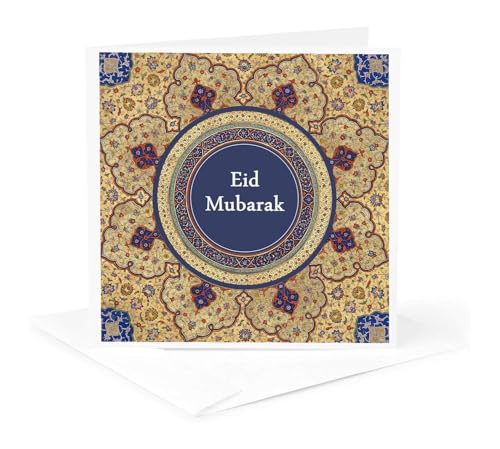 3dRose Eid Mubarak - Gold Blessed Happy Eid Wishes - Islam Muslim holiday 1 Greeting Card with envelope