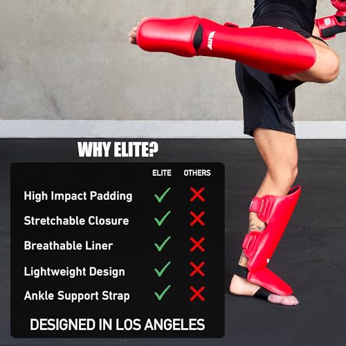 Elite Sports Muay Thai 정강이 보호대 킥복싱 MMA 무에타이 다리 발등 보호 패드, BJJ 가라데 복싱 태권도용 무술 발로 스파링 훈련 장비 - color: 솔리드 레드, size: LXL