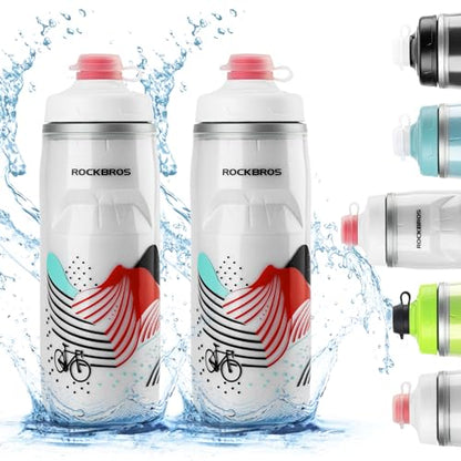 ROCKBROS Bike Water Bottle, 21oz Insulated Cycling Squeeze Bottle | 21oz Insulated Bike Bottle Keeps Drinks Cold for Hours, with Soft Squeeze Design, Leakproof Spout and Universal Cage Fit - color: White-red*2 Pack