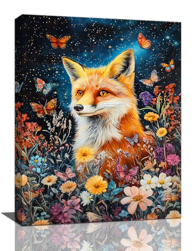 Lureix Fox Wall Art, Floral Butterfly Pictures Wall Decor Cottagecore Canvas Prints Framed Poster Artwork Paintings Home Office Decorations For Bathroom Bedroom Living Room Kitchen 12l X 16w - color: Flower Fox, size: 12"L x 16"W