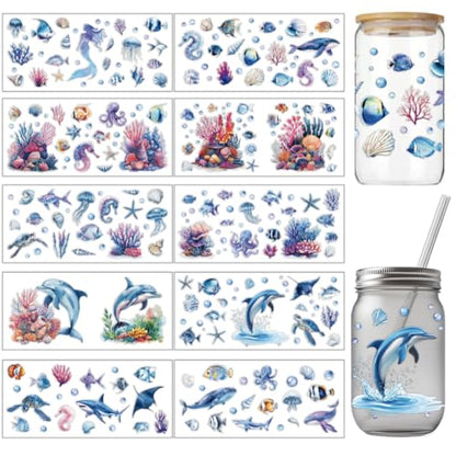 arricraft 10 Pcs Colorful Marine Animal Theme Cup Printing UV Transfer Papers, 10 Styles Sea Animal Shell Octopus Seahorse Mermaid UV DTF Cup Wrap Stickers for 16 OZ Glass Cups Crafts 9.5x4.3inch - style: Colorful Marine Animal Theme 02