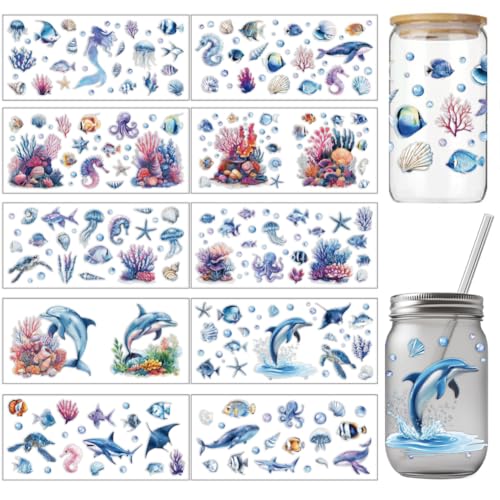 arricraft 10 Pcs Colorful Marine Animal Theme Cup Printing UV Transfer Papers, 10 Styles Sea Animal Shell Octopus Seahorse Mermaid UV DTF Cup Wrap Stickers for 16 OZ Glass Cups Crafts 9.5x4.3inch - style: Colorful Marine Animal Theme 02