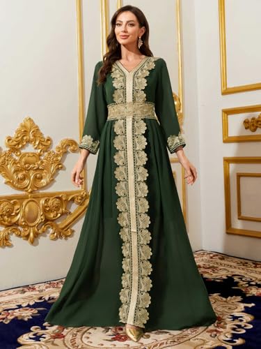 Women Muslim Abaya Kaftan Dress Lace Ethnic Moroccan Dress Eid Prayer Clothes Arabian Maxi Robe - color: Dark Green, size: X-Small
