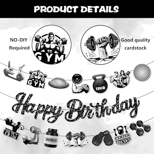 3Pcs Gym Happy Birthday Banner Barbell Boxing gloves Party Hanging Banner Fitness Theme Birthday Bridal Wedding Baby Shower Boys Girls Kids Home Classroom Party Supplies Decorations - color: Gym