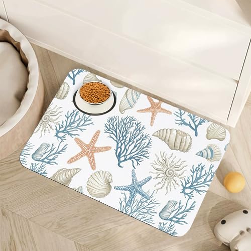 Starfish Dog Food Mat for Floors,Coral Shell Ocean Absorbent Quick-Dry Pet Feeding Mat, Cat Dog Bowl Mats for Food and Water,Non-Slip Pet Accessories Supplies 12"x20" - color: Starfish Coral Shell Ocean, size: 20"L x 20"W