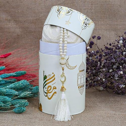 VHD Muslim Prayer Rug Set, Janamaz Salah Set, Islamic Tasbih Mat Set (White) - color: White