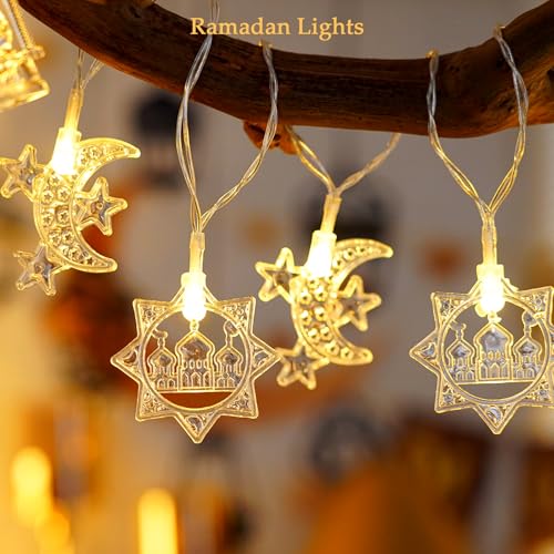 Ramadan String Lights, 9.8ft 20LEDs Moon Star Ramadan Lights with Remote Control, 8 Lighting Modes & 2 Brightness Levels, Ideal for Eid Ramadan Mubarak Decorations for Home Indoor Outdoor