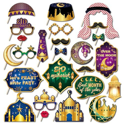 25 Pcs Ramadan Mubarak Photo Booth Props for Ramadan Mubarak Party Decoration Supplies, Eid Moon Lantern Festival Selfie Props Photography Backdrop Decorations for Eid Ramadans Mubaraks Party Favors