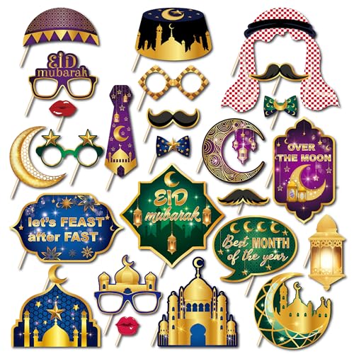 25 Pcs Ramadan Mubarak Photo Booth Props for Ramadan Mubarak Party Decoration Supplies, Eid Moon Lantern Festival Selfie Props Photography Backdrop Decorations for Eid Ramadans Mubaraks Party Favors