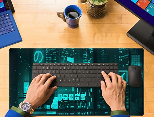 Cyan Green Japanese Desk Mat, Neon Tokyo Extended Mouse Pad Anime Cat Desk Pad, Gaming Mousepad XXL, Large Keyboard Mat for Gamers, Cool Computer Mat for Desk with Stitched Edges 31.5X15.7 in - color: Q-vaporwave Ice Blue City