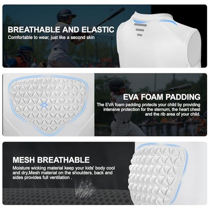 Youth Padded Compression Shirt Baseball Chest Protector Heart Sternum Guard - color: White, size: Small