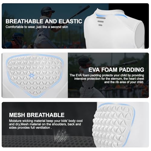Youth Padded Compression Shirt Baseball Chest Protector Heart Sternum Guard - color: White, size: Large