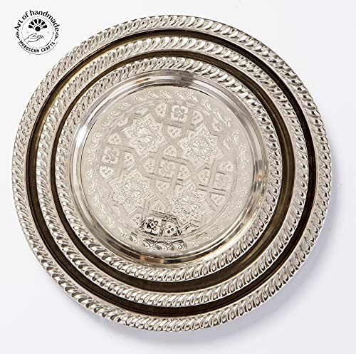 Moroccan Tea Tray Serving Cocktail Silver Handmade Fez Small Or Large Round (9/11/13/15 Inches) (9 Inches) - size: 9"