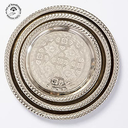 Moroccan Tea Tray Serving Cocktail Silver Handmade Fez Small Or Large Round (9/11/13/15 Inches) (9 Inches) - size: 9"
