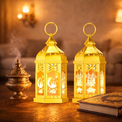 Retisee 2피스 17.8cm(7인치) 라마단 대형 이드 무바라크 랜턴 문 스타 벽걸이 LED 랜턴 홈 파티오 테이블 웨딩 센터피스 축제 장식용 (2가지 스타일, 전기 도금 골드) - color: 전기 도금 골드, size: 2 Styles