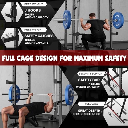 C1-V4 Power Cage, 2000LBS Squat Rack with LAT Pulldown, Multi-Function Weight Cage Strength Training Machine, Workout Cage with More Attachments for Home Gym Garage - style: C1-Pro(Aluminum Pulleys) Bk