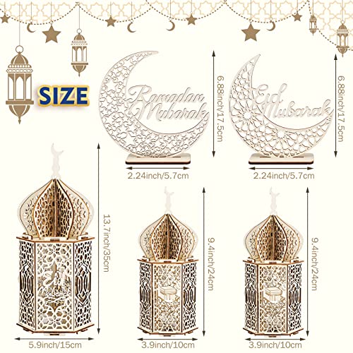Jetec 5 Pcs Eid Ramadan Mubarak Decoration Large Size 14'' 10'' 10'' Ramadan Lantern Light 7'' Wooden Eid Mubarak Table Sign Hollow Moon Star Design Ramadhan Decoration for Home Islam Muslim Decor