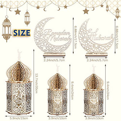 Jetec 5 Pcs Eid Ramadan Mubarak Decoration Large Size 14'' 10'' 10'' Ramadan Lantern Light 7'' Wooden Eid Mubarak Table Sign Hollow Moon Star Design Ramadhan Decoration for Home Islam Muslim Decor