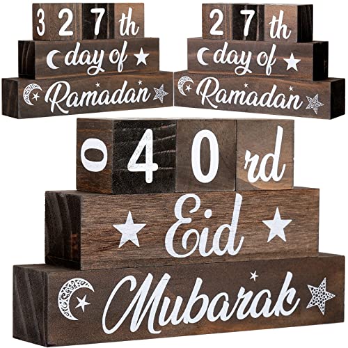 Chunful 5 Pcs Ramadan Calendar Block Set - Ramadan Advent Countdown Eid Calendar Countdown Blocks Wood Sign Mubarak Wooden Tabletop Ornament for Home Table Decor Islamic Months - color: Light Brown