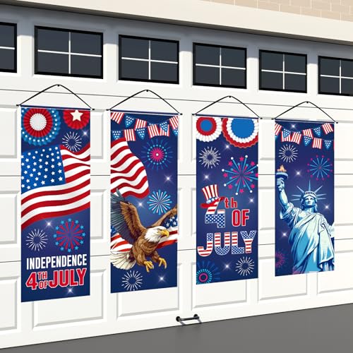 Panelee 4 Pcs 4th of July Decorations Patriotic American Flag Eagle Porch Banner Independence Day Hanging Banner Porch Signs for Independence Memorial Veterans Day Wall Indoor Outdoor Decor(Patriotic) - style: Patriotic