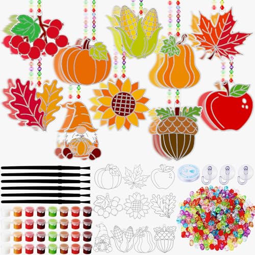 Beeveer 30 Sets Fall Plant Suncatchers Craft Kit DIY Window Art - style: Fall Plant