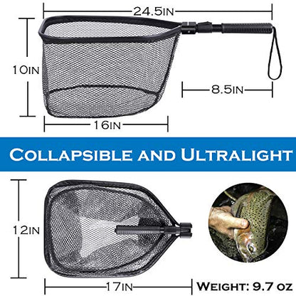 PLUSINNO Fly Fishing Net, Bass Trout Landing Net, Folding Fishing Nets Fresh Water, Safe Fish Catching or Releasing - color: 17" x 12" Hoop Size (24.5"Extend Length)