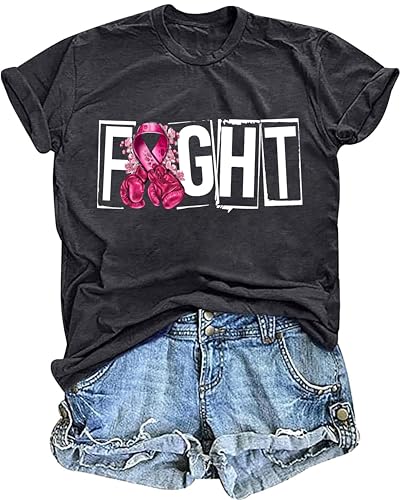 Breast Cancer Shirts for Women Pink Ribbon Boxing Gloves Graphic Tops Breast Cancer Awareness Tshirts Fighter Tees - color: Grey, size: XX-Large