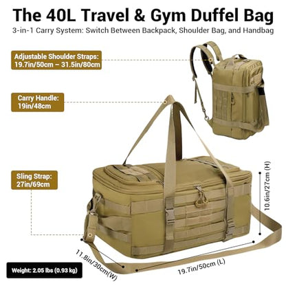 kokkoya Tactical Gym Bag for Men 40L Tactical Duffel Bag Backpack Gym Bag Large With MOLLE Water Resistant 600D Degree Full Opening Powerlifting for Travel Crossfit Football