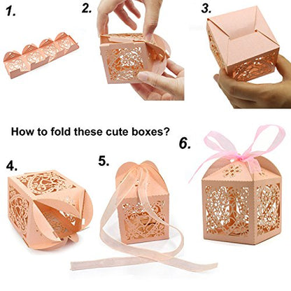 KPOSIYA 100 Pack Wedding Favor Boxes Laser Cut Boxes Party Favor Box Small Gift Boxes Lace Candy Boxes for Wedding Bridal Shower Baby Shower Birthday Party Anniverary with Ribbons (Gold, 100) - color: Gold 100