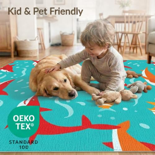 8'x10' Washable Flatwoven Rug, Turquoise Graphic Fish Stain Resistant Extra Large Carpet for Dining Room, Large Office, Lounge, Non-Slip Chair-Friendly Mat | Ref:2070035 - color: Blue/Pattern 12, size: 8' x 10' (Rectangular)