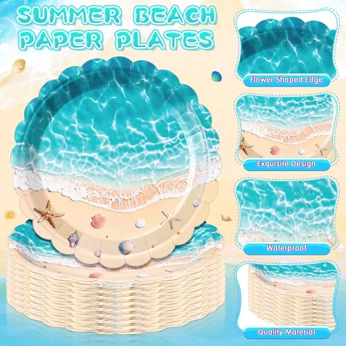 Funnymoom 96 Pcs Summer Beach Plates and Napkin Ocean Wave Party Supplies Disposable Cake Paper Plates Napkin Tableware Set for Hawaiian Luau Holiday Birthday Tropical Pool Party Decoration - style: Beach