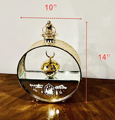 Eid Mubarak Hanging Lantern Islamic Metal Lamp Islamic Lamp, Ramadan Mubarak LED Light Eid ul Fitr Hanging Lantern Glass and Metal Lantern for Ramadan Karim 14"X10" (Oval) - color: Oval