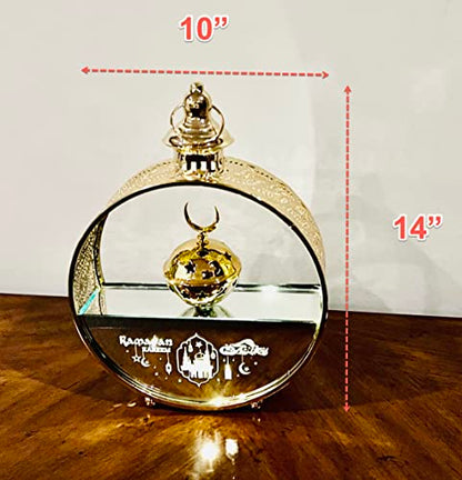 Eid Mubarak Hanging Lantern Islamic Metal Lamp Islamic Lamp, Ramadan Mubarak LED Light Eid ul Fitr Hanging Lantern Glass and Metal Lantern for Ramadan Karim 14"X10" (Oval) - color: Oval